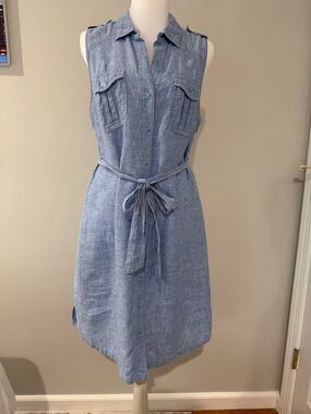 INC Light Blue Sleeveless Linen Shirt Dress with Tie.  Size 10